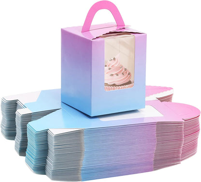acDesign 100Pcs Cupcake Boxes With Window 3.6in*3.6in*4.3in Single Individual Cupcake Boxes With Handle and Inserts for Wedding Birthday Party Treats Gift,Black