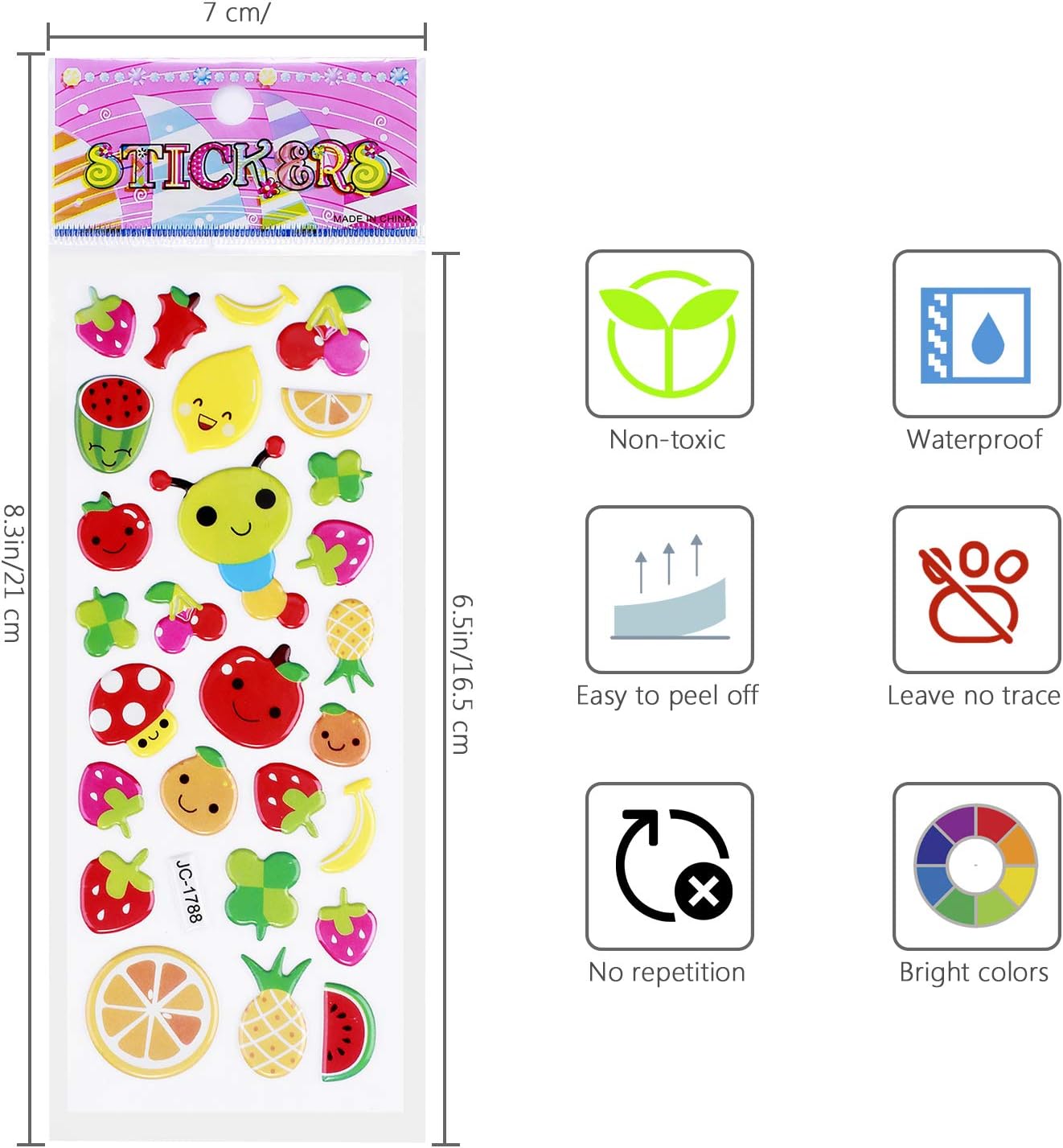 3D Stickers for Kids & Toddlers 24 Sheets 550+ Puffy Stickers Variety Pack with Animals, Numbers, Fruits, Fish, Dinosaurs, Cars & More for Scrapbooking, Bullet Journals & Crafts