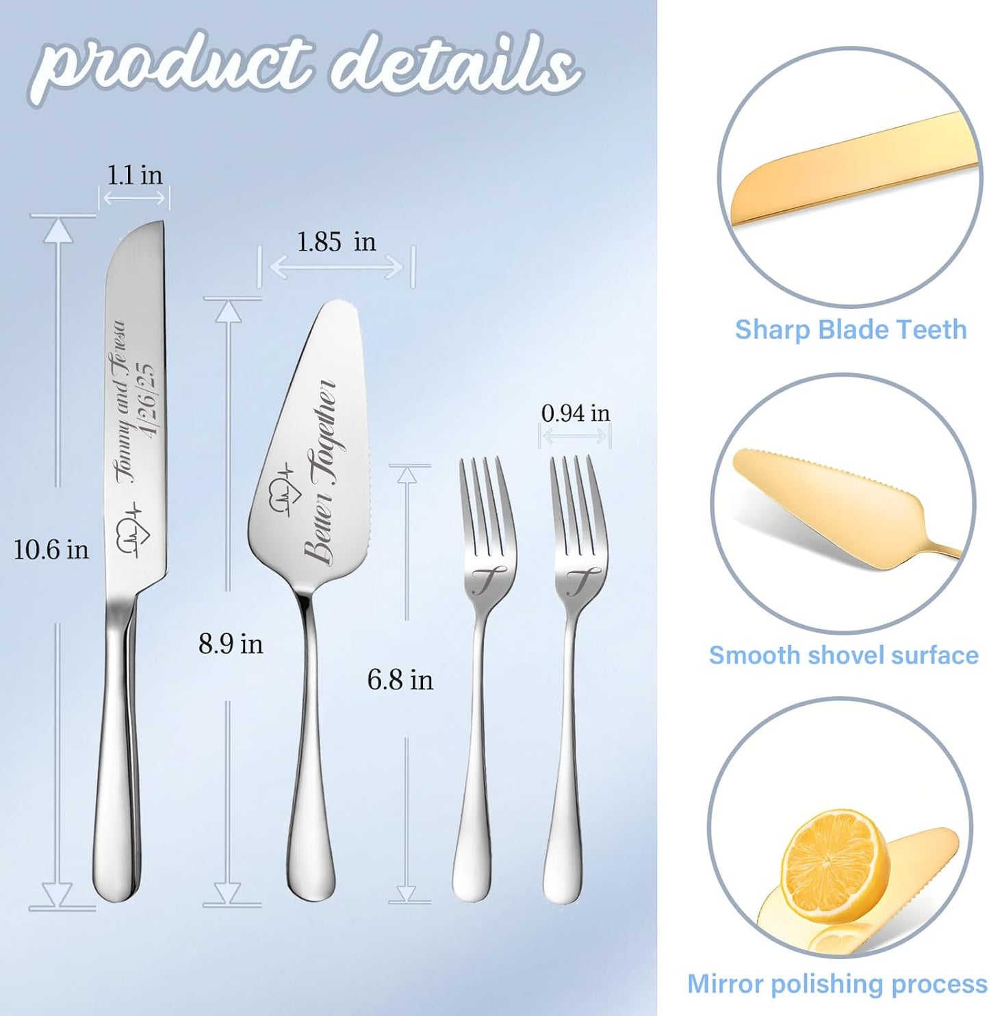Personalized Wedding Cake Knife and Server Set, Wedding Gold Cake Cutting Set with Stainless Steel Forks, Customized Bridal Anniversary Birthday Wedding Registry Gifts for Couple (Non-customized)
