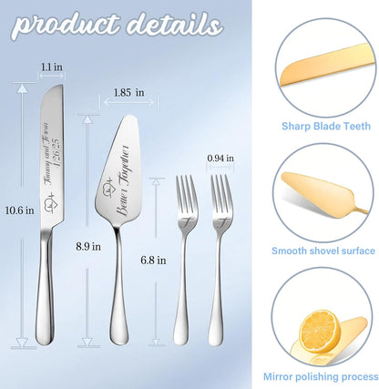 Personalized Wedding Cake Knife and Server Set, Wedding Gold Cake Cutting Set with Stainless Steel Forks, Customized Bridal Anniversary Birthday Wedding Registry Gifts for Couple (Non-customized)