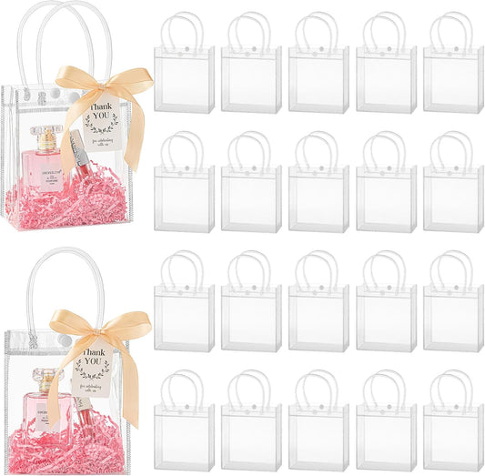 Mauproy 30 Pack Clear Gift Bags with Handles, Party Favor Bags with Ribbons and Tags, Reusable Goodie Tote Bags for Mother's Day Wedding Baby Shower (5.9” x 6.3” x 2.8")