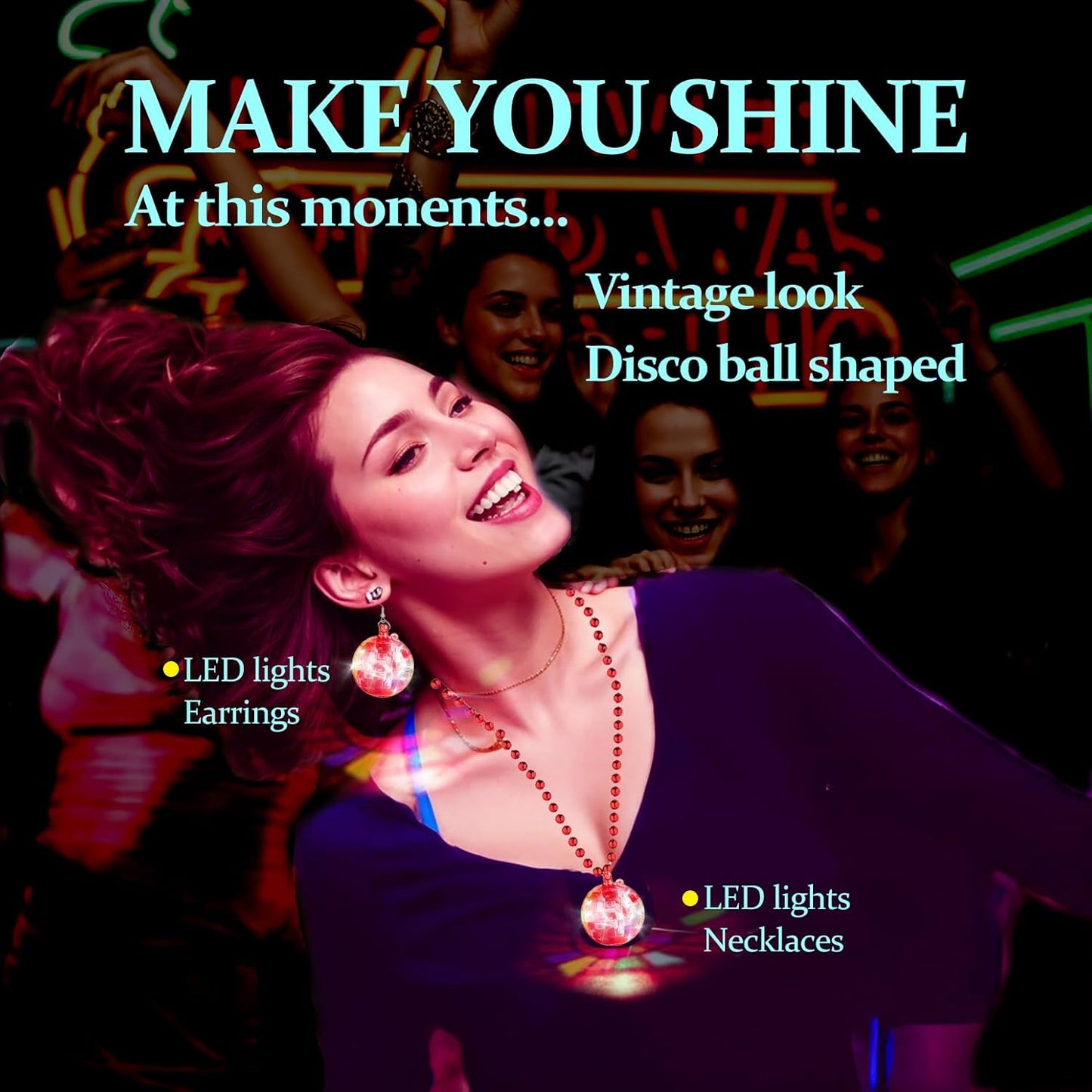 JICASTO LED Disco Ball Earrings and Necklaces, 2 Pcs 70s 80s Light up Disco Ball Set for Disco Party Favors Dance Accessories Women Halloween Costume