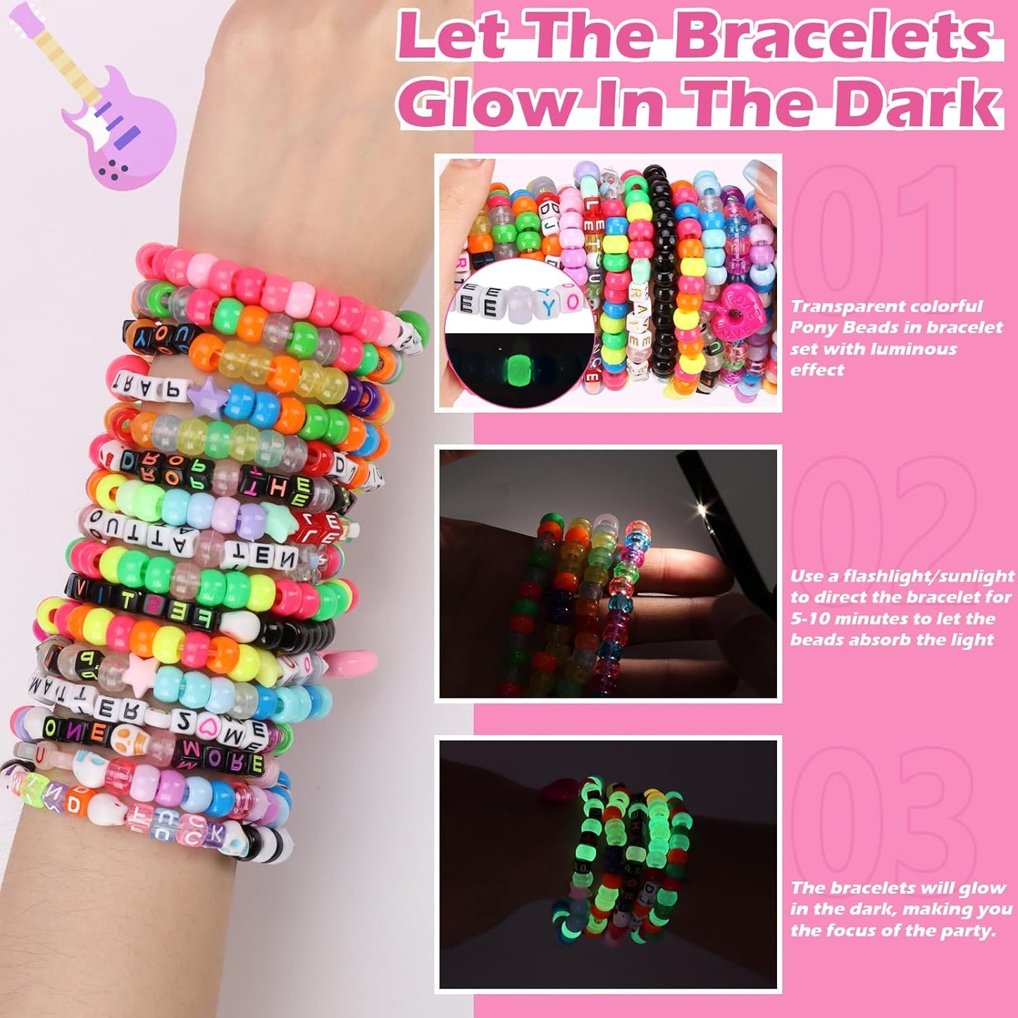 16/24/32Pcs Rave Music Bracelets Set Glow In The Dark EDM Music Stretch Bracelets Multicolor Rave Party Favor for Women Men EDM Party Music Festival