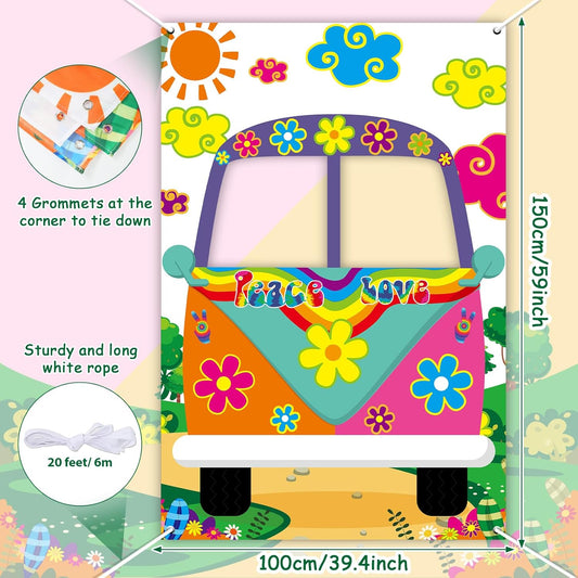 60's Hippie Bus Photo Prop 60s Party Decorations Large Fabric Retro Groovy Van Prop Hippie Selfie Frame Backdrop Background Banner Birthday Party Supplies Retro 60s 70s Party Favors 59 x 39.4 Inch