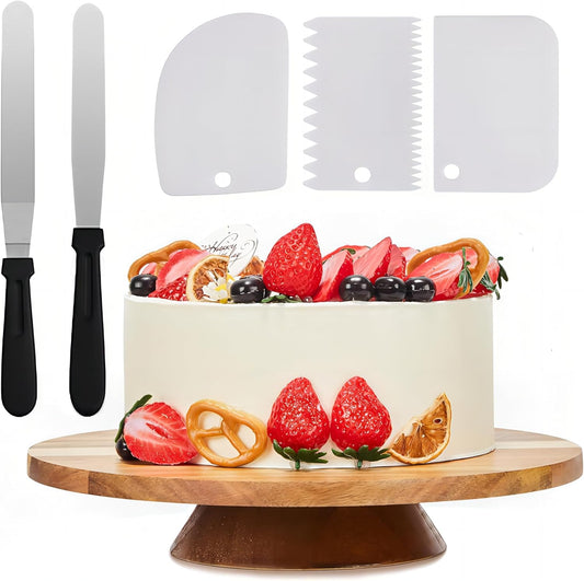 12" Acacia Wood Revolving Cake Stand, 2" High Rotating Cake Turntable, Wooden Rotating Display Stand for Cake, Cupcake Decorating Supplies