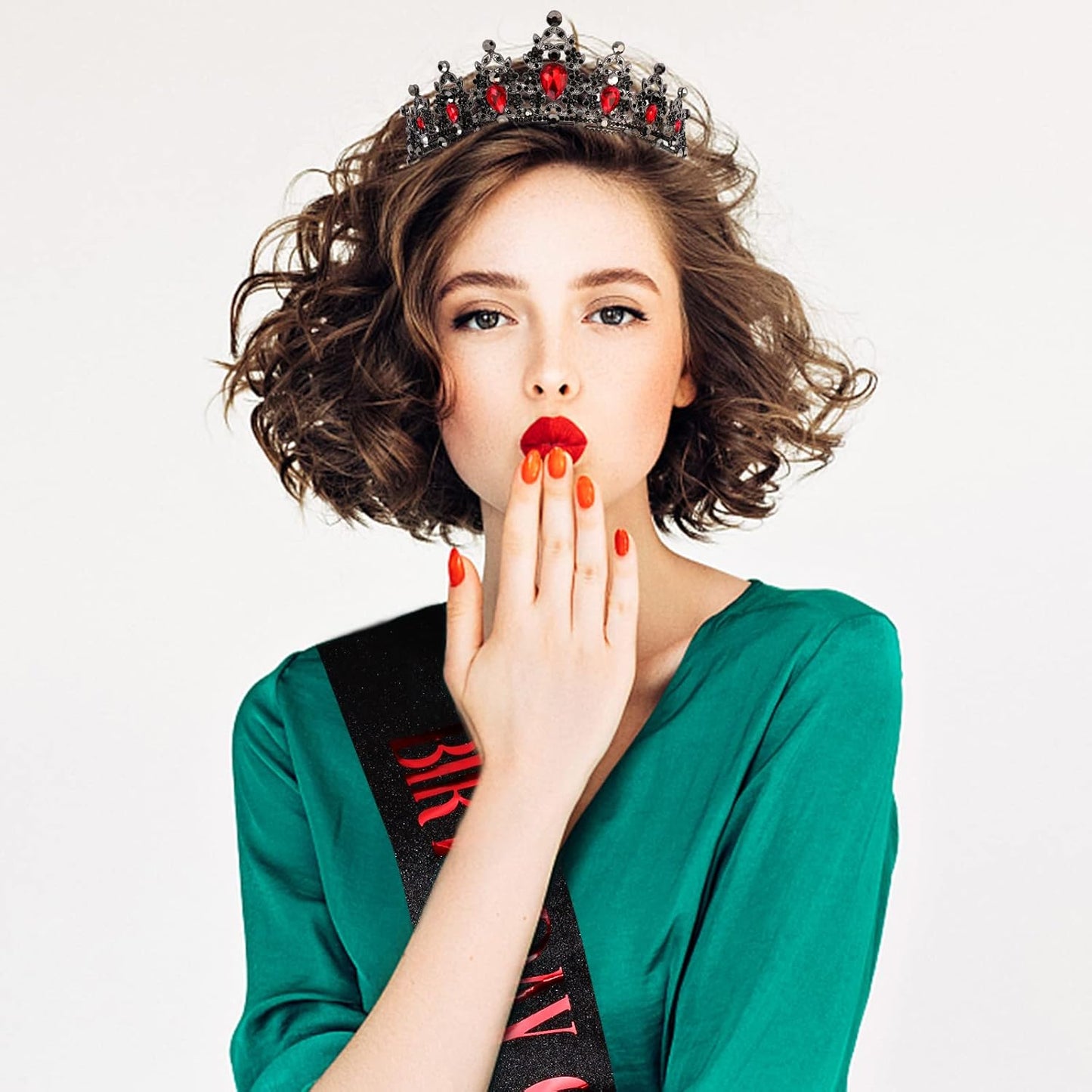 CAVETEE Red Black Birthday Crown and Sash for Women Sash & Rhinestone Tiara Set Red and Black Party Decorations Birthday Queen Crowns Tiaras for Women