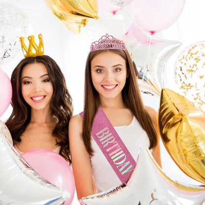 CAVETEE Gold Birthday Crowns and Sash - Queen Tiara for Party Decorations