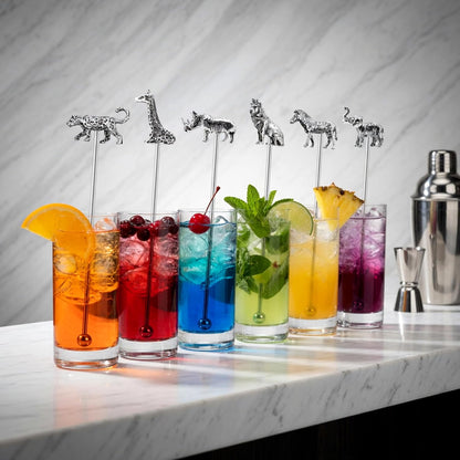 Homestia 7.5" Stainless Steel Cocktail Stirrers with Cute Animal Design, Set of 6 Reusable Swizzle Sticks for Coffee, Martini, Drinks - Dishwasher Safe Metal Bar Tools Stir Sticks