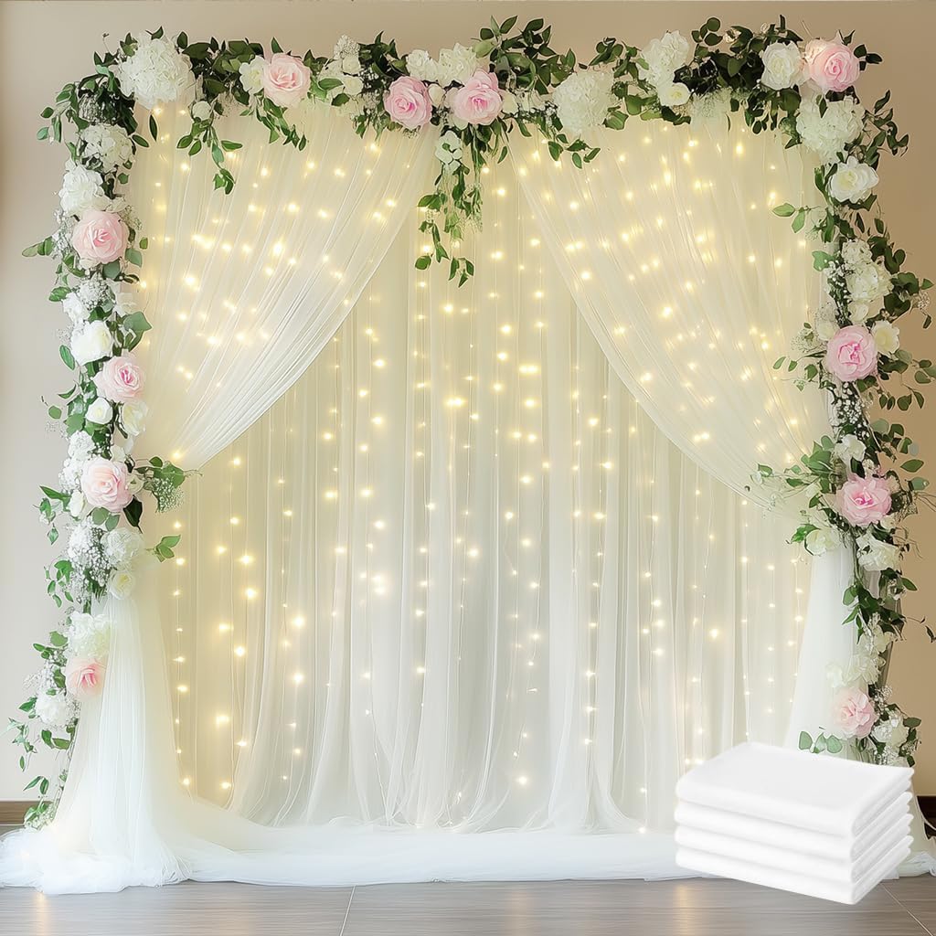 Fomcet Tulle Backdrop Curtains with Lights String White 10FT X 8FT Sheer Curtain with Lights Tulle Curtains Backdrop for Wedding Birthday Party Baby Shower Photo Shoot (2 Panels 5x8FT)