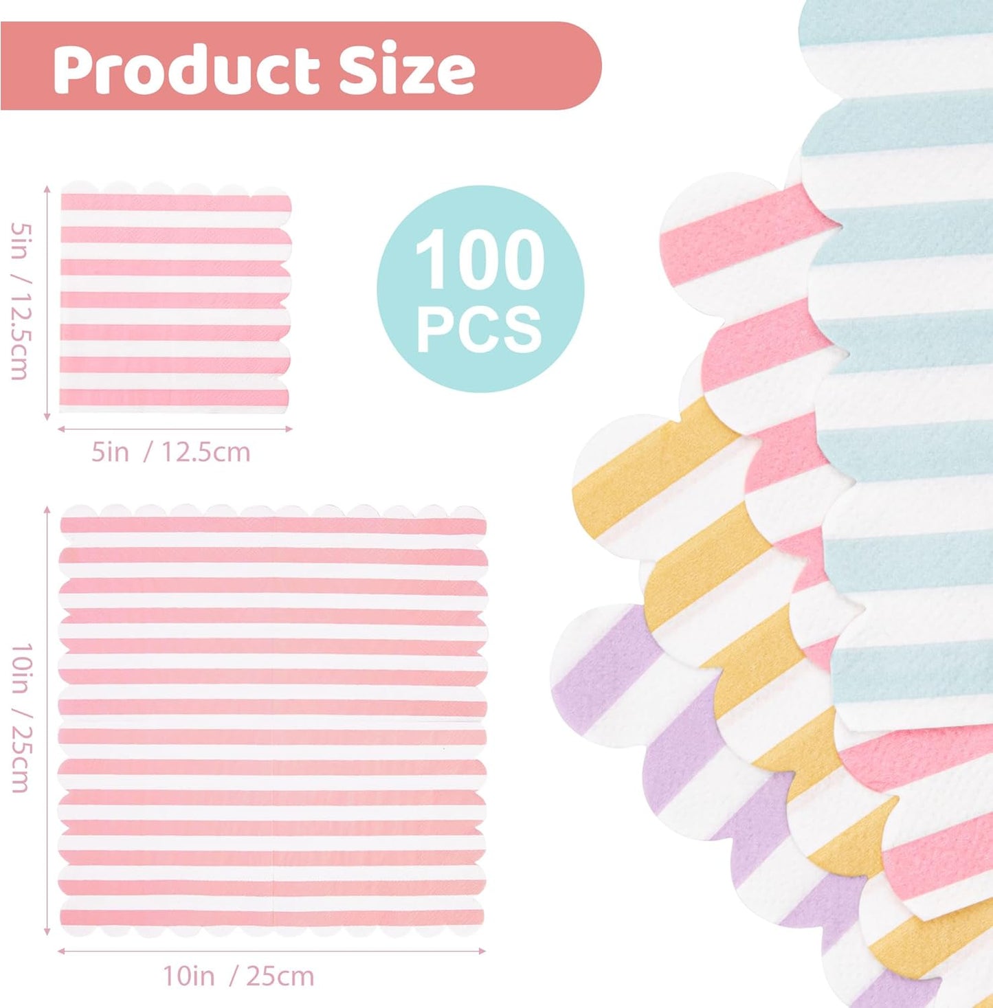 100 Pcs Striped Pastel Napkins, 5 x 5 Inches Scalloped Napkins, Disposable Cocktail Napkins for Pastel Summer Party Birthday Wedding Decor