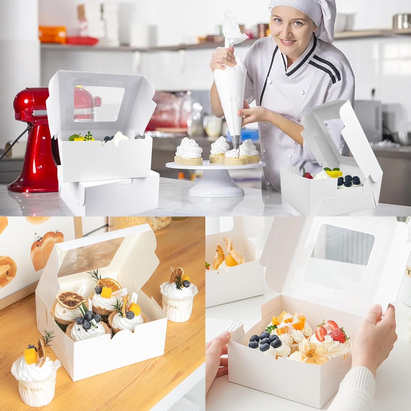 MUMULULU 8 PCS White Paper Cupcake Boxes with 4 Cavity Cookie Gift Boxes with Clear Window 4 Treat Holder Cupcake Containers Bakery Cake Box for Birthday Party Bakery Supplies