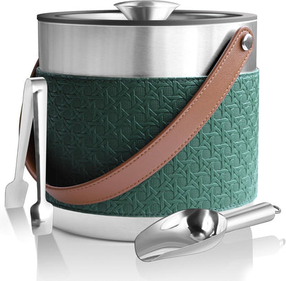 Bakpoco Double-Wall Vacuum Insulated Ice Bucket with Lid, Scoop, Ice Tong, Strainer & Leather Handle Keep Ice Frozen Longer Large Wine Ice Buckets for Cocktail Bar,Parties Chilling Beer Champagne 3L