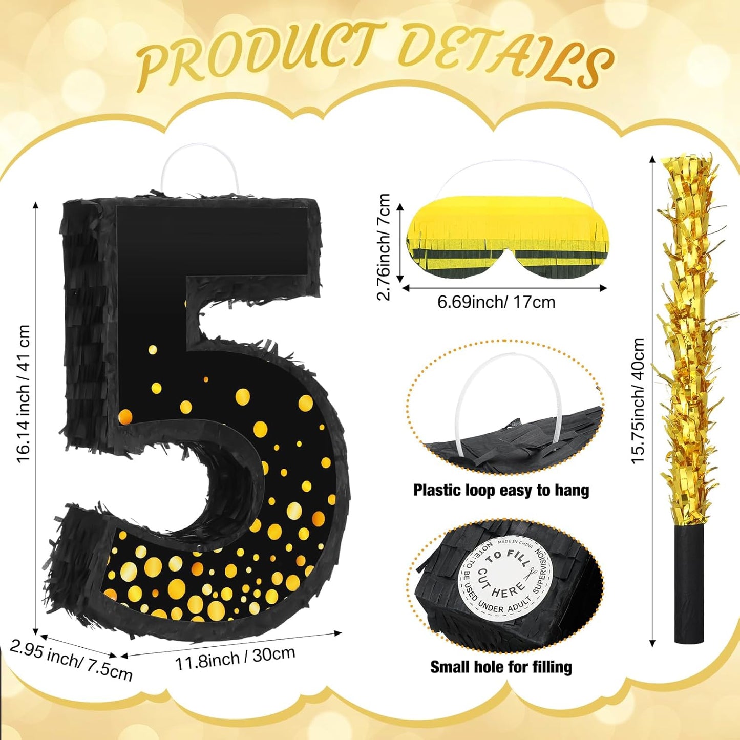 Poen Pinata for Birthday Party Decorations Black Gold Pinata with Blindfold Stick Confetti and Eye Mask for Party Supply Anniversary Baby Shower Retirement Supplies(Number 5)