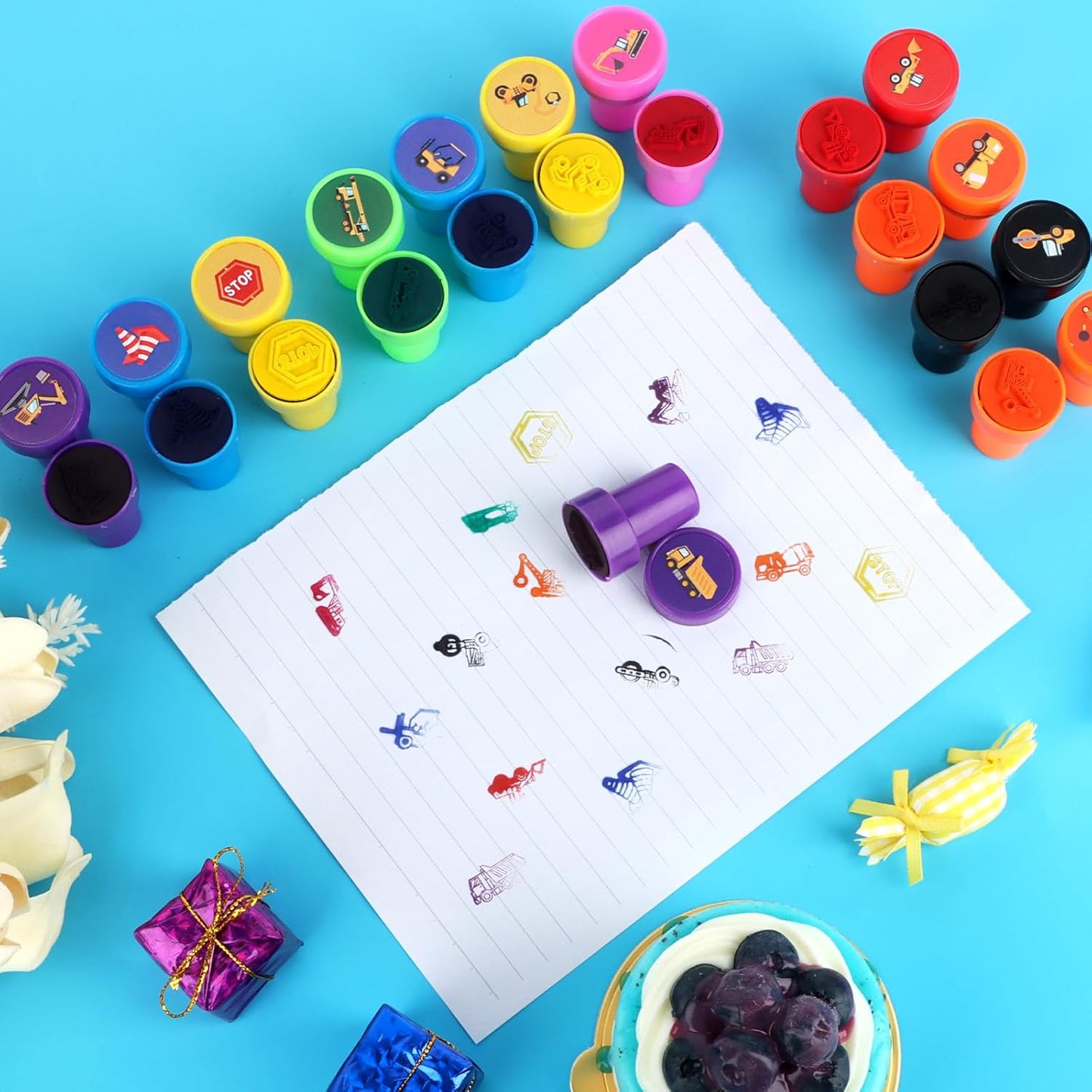24 PCS Camp Party Favors Camping Adventure Mini Stamps Colorful Self Inking Stamps Camping Themed Party Favors for Boys Girls Student School Classroom Rewards Carnival Prizes Supplies