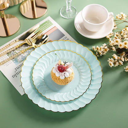 Lullaby 60PCS Ivory Scalloped Plastic Plates with Gold Rim, Disposable Elegant Plates Include 30pcs Dinner Plate 10.25", 30pcs Plastic Dessert Plate 7.5", Perfect for Wedding and Party