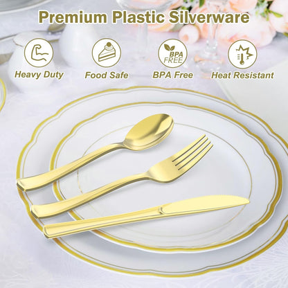 Dealusy 200 Count Heavy Duty Gold Plastic Silverware, 100 Forks, 50 Spoons, 50 Knives, BPA-Free, Heat Resistant, Disposable Plastic Utensils Set Cutlery Set, Plasticware Bulk