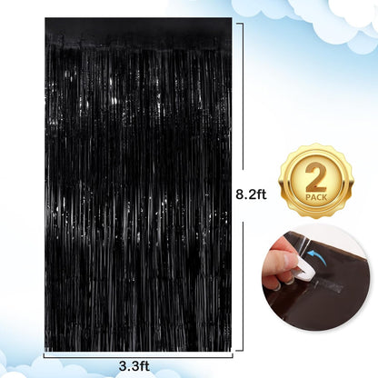 Black Fringe Curtain Party Streamers 2Pack 3.3x8.3 Ft Foil Fringe Backdrop Curtains for Birthday Wedding Bridal Baby Shower Halloween Decor Tinsel Streamers Black Party Decorations Door Streamers