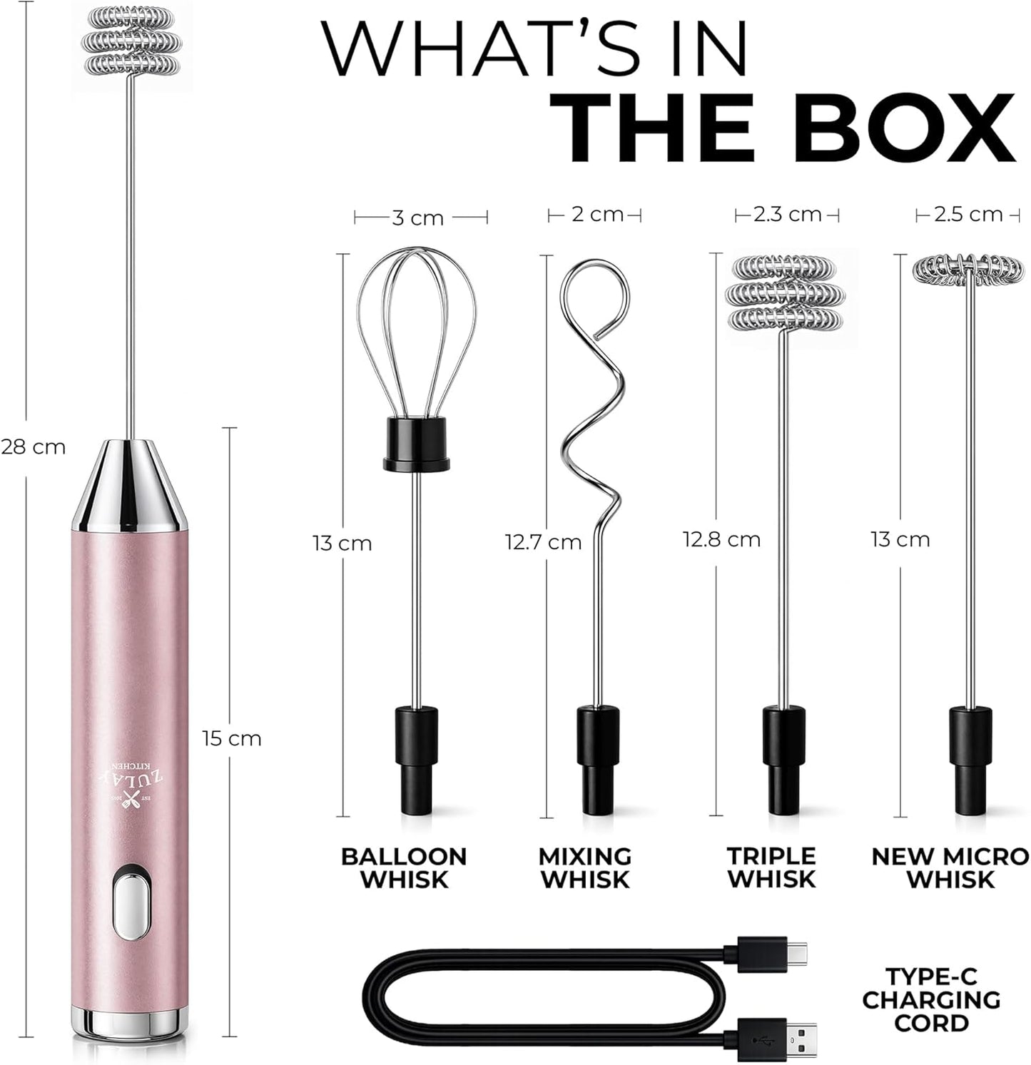 Zulay Kitchen Powerful Milk Frother Wand With Duracell Batteries - Ultra Fast Handheld Drink Mixer - Electric Whisk Foam Maker for Coffee, Lattes, Cappuccino & Matcha - Z1 Motor - Black - Colors B