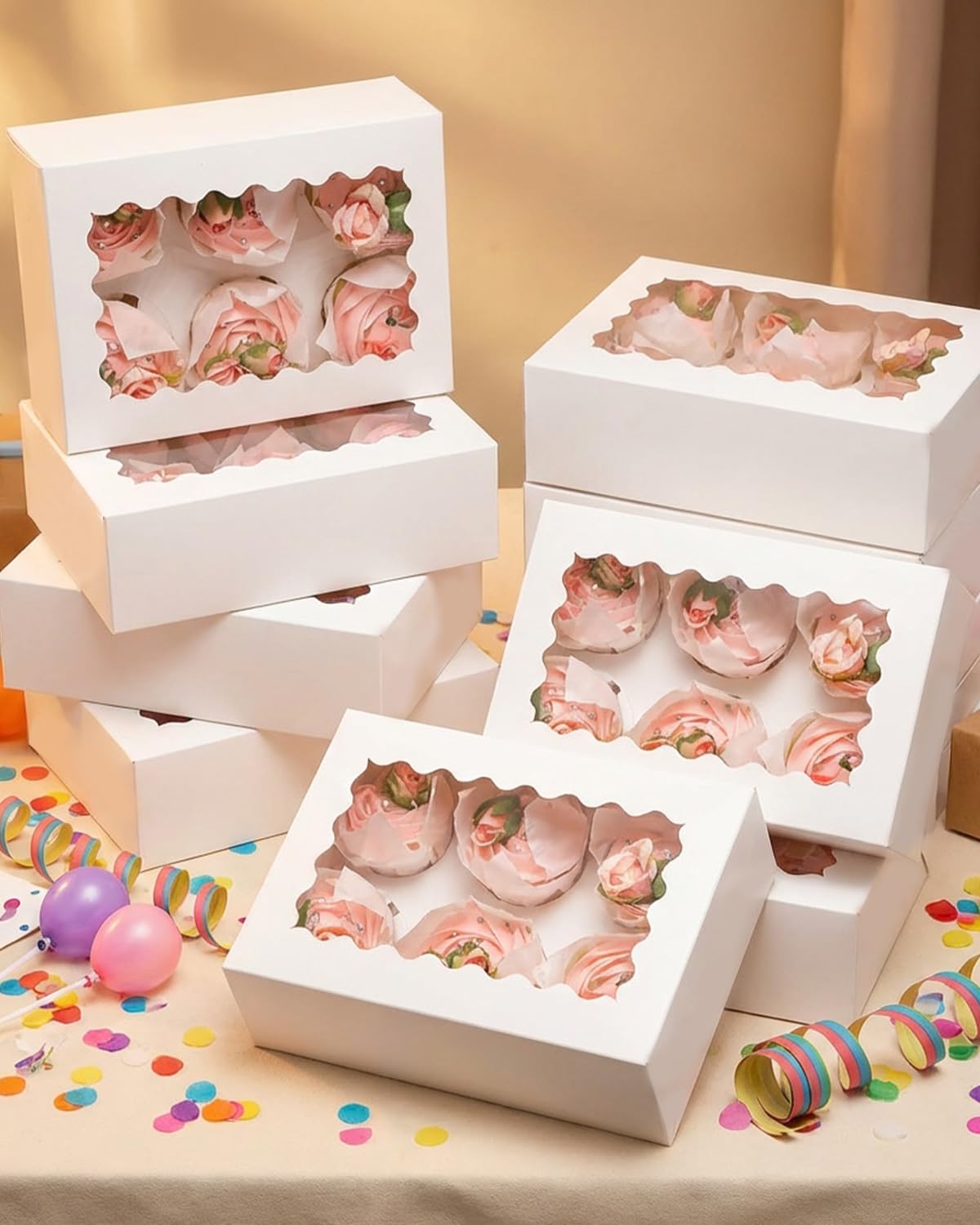 qiqee Auto-pop Up Cupcake Boxes with Window White 40PCS 12 Count Cupcake Box 13"x10"x3.5" Cupcakes Carrier, 12 Cupcake Containers with 2 rolls of pink ribbons