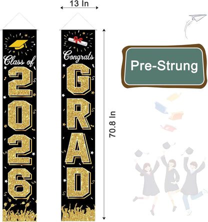 2026 Graduation Decorations, Graduation Banner Class of 2026, Hanging Congratulations/Congrats Grad Banner for Door and Porch, Party Decor - Black