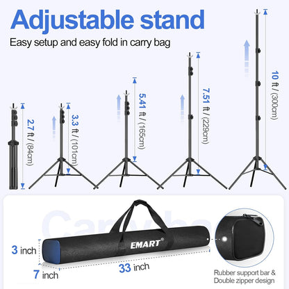 EMART Backdrop Stand 10x7ft(WxH) Photo Studio Adjustable Background Stand Support kit with 2 Crossbars, 8 Clamps, 2 Sandbags and Carry Bag for Parties, Events Decoration, Wedding, Photography -White