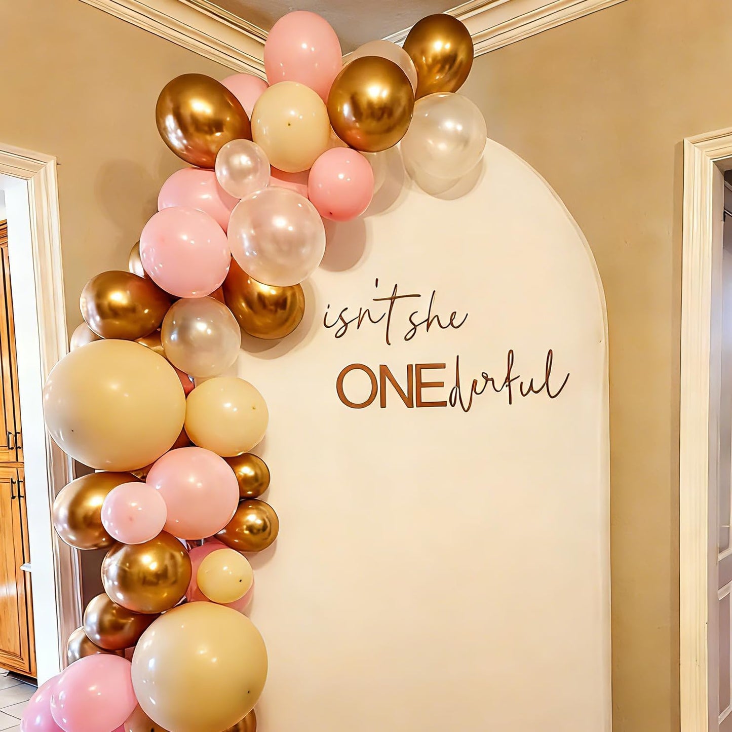 Pink Gold White Balloon Arch Kit - 144 PCs Pastel Light Pink and Beige Sand White Gold Chrome Balloons for Mothers Day Girls Women Birthday Bridal Shower Engagement Wedding Party Decorations