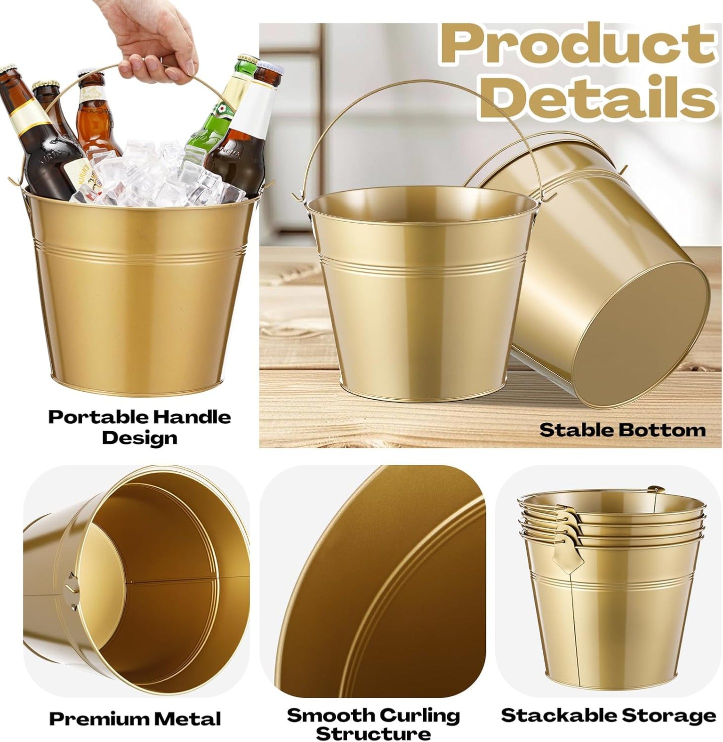 Didaey 24 Pcs Metal Beer Bucket Bulk Ice Bucket Ice Pails with Handle Champagne Soda Party Beverage Chiller for Summer Picnic Pool Wedding Party Supplies Wine Champagne Bar (7.1 x 6.5 x 5.1",Gold)