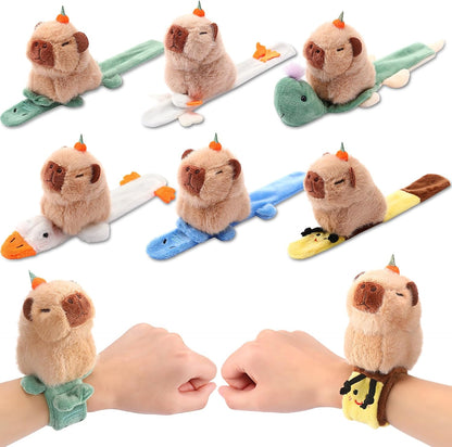 Soulchen 6 Pcs Cute Capybara Party Favors Slap Bracelets for Kids Stuffed Animal Plush Slap Bracelets Bulk Capybara Wrist Bands for Birthday Gifts Goodie Bag Fillers