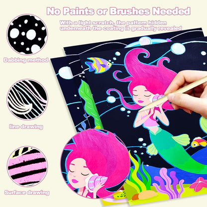 BAOXUE Scratch Art for Kids, Mermaids Black Rainbow Scratch Paper Set-Arts And Crafts & Supplies, DIY Activity & Party Games, Mermaid Toys Gifts for Toddlers, Girls