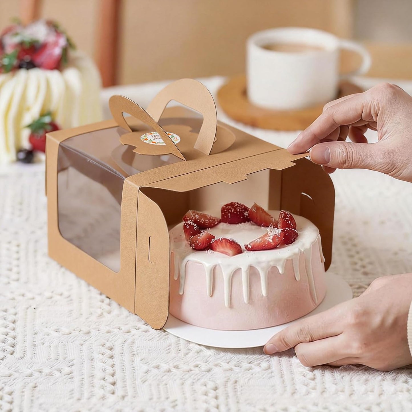 15PCS Brown 6x6x6 Inch Cake Boxes with Window Handle Boxes 6 Inch with Cake Boards for Gift Giving Elegant Paper with Ribbon Stickers for Weddings Birthdays Holidays Corporate Event Party Favors