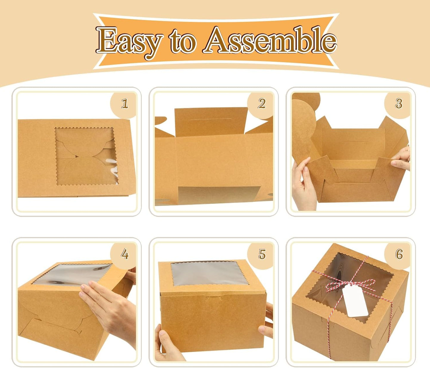 20Pcs 8 Inch Cake Boxes with Window, 8x8x5 Inches Brown Bakery Boxes, Cake Carrier Container for Pastries, Pie, Cookies, Chocolates, Cupcakes, Birthday Party, Wedding