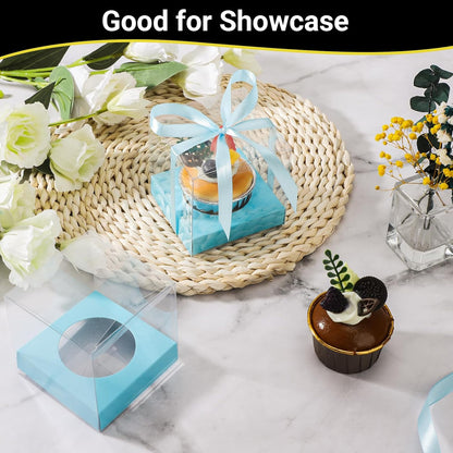 EUSOAR Individual Cupcake Holder, 50pcs 3.5 Inch Plastic Black Cupcake Containers with Lids, Single Transparent Display Clear Cupcake Carrier with Ribbon and Inserts for Wedding Party Favor