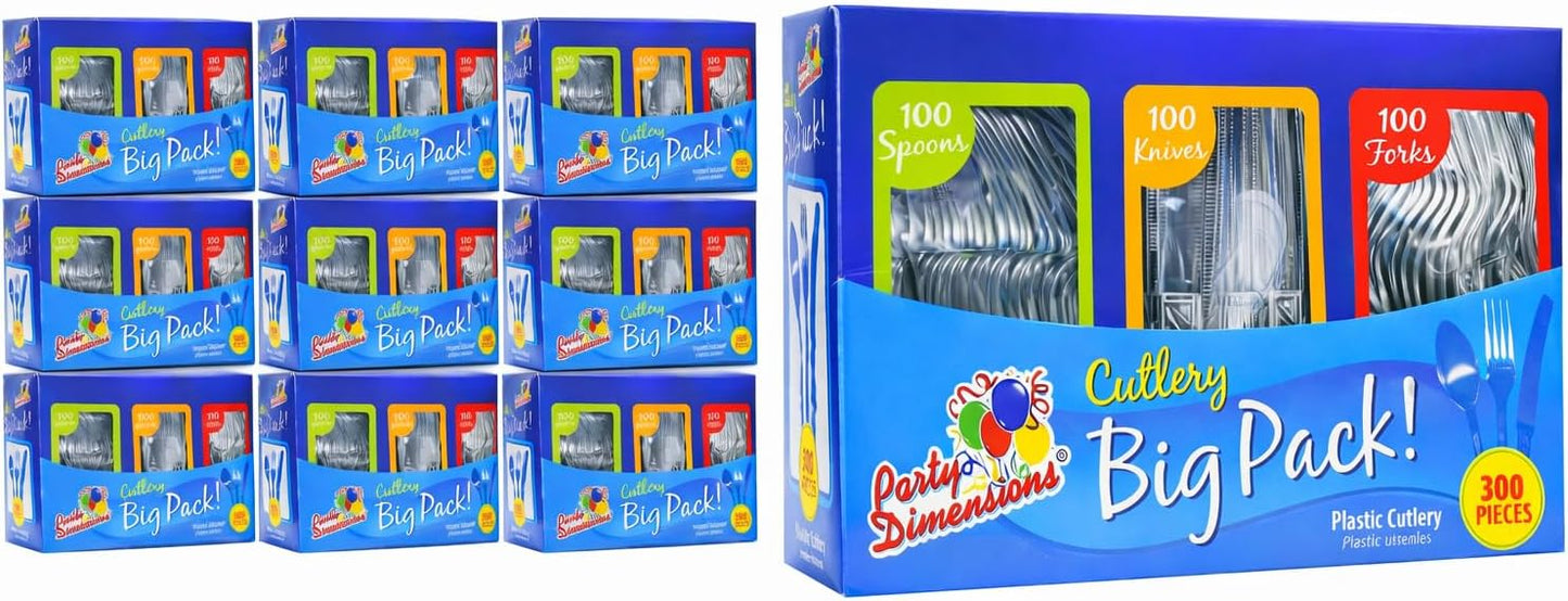 Party Dimensions 300 Count Plastic Cutlery Combo Box, Disposable Clear Plastic Silverware Utensils Set, 100 Forks, 100 Spoons, 100 Knives