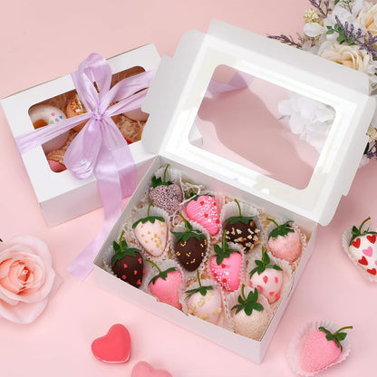 Moretoes 48pcs Bakery Boxes,12x8x2.5 Inches Cookie Boxes with 3 Style Window for Chocolate Covered Strawberries, Desserts, Cookies, with 4pcs Stickers