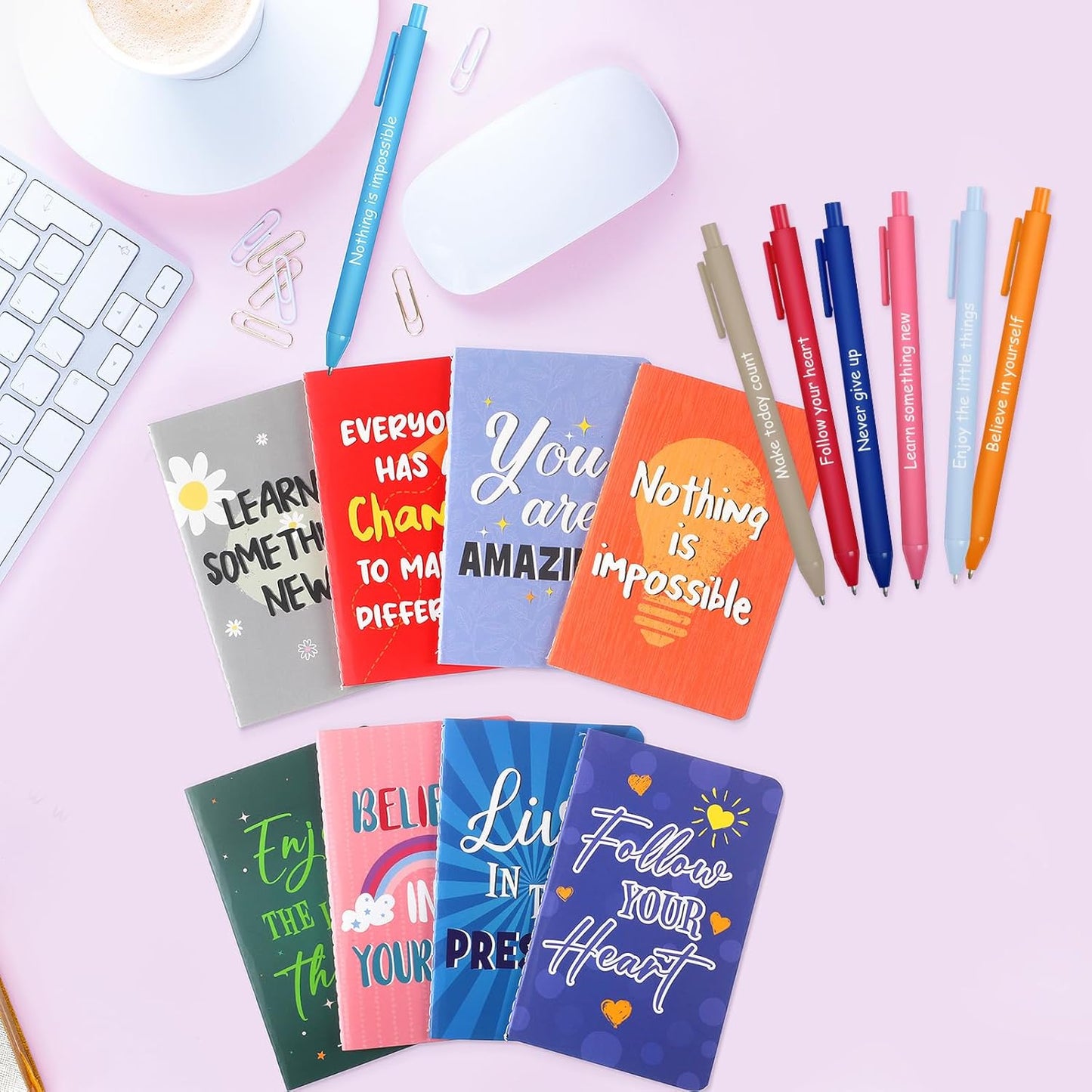 Funrous 32 Pcs Motivational Quote Pens Inspirational Notepads Mini Journal with Ballpoint Pen Small Notebooks Gift for Men Women Coworker Adult Party Favors Prize Teacher Student Office(Stylish)
