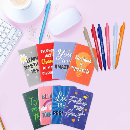 Funrous 32 Pcs Motivational Quote Pens Inspirational Notepads Mini Journal with Ballpoint Pen Small Notebooks Gift for Men Women Coworker Adult Party Favors Prize Teacher Student Office(Stylish)