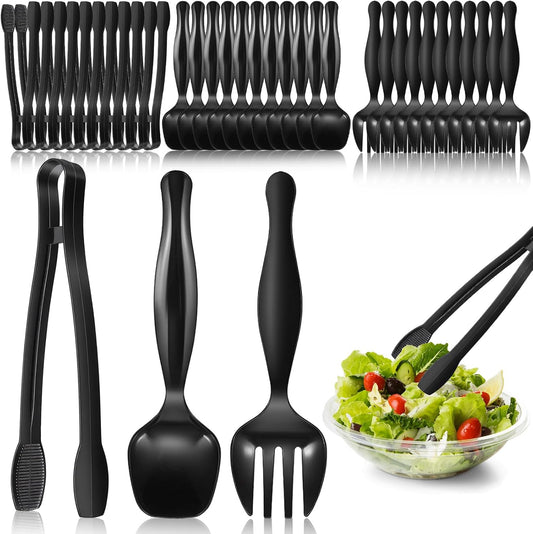 36 Pcs Plastic Serving Utensils Set, Black Disposable Utensils Including 8.3 Inch Spoons 8.5 Inches Forks 9 Inch Tongs for Buffet, Party, Restaurant, Weddings, Picnic