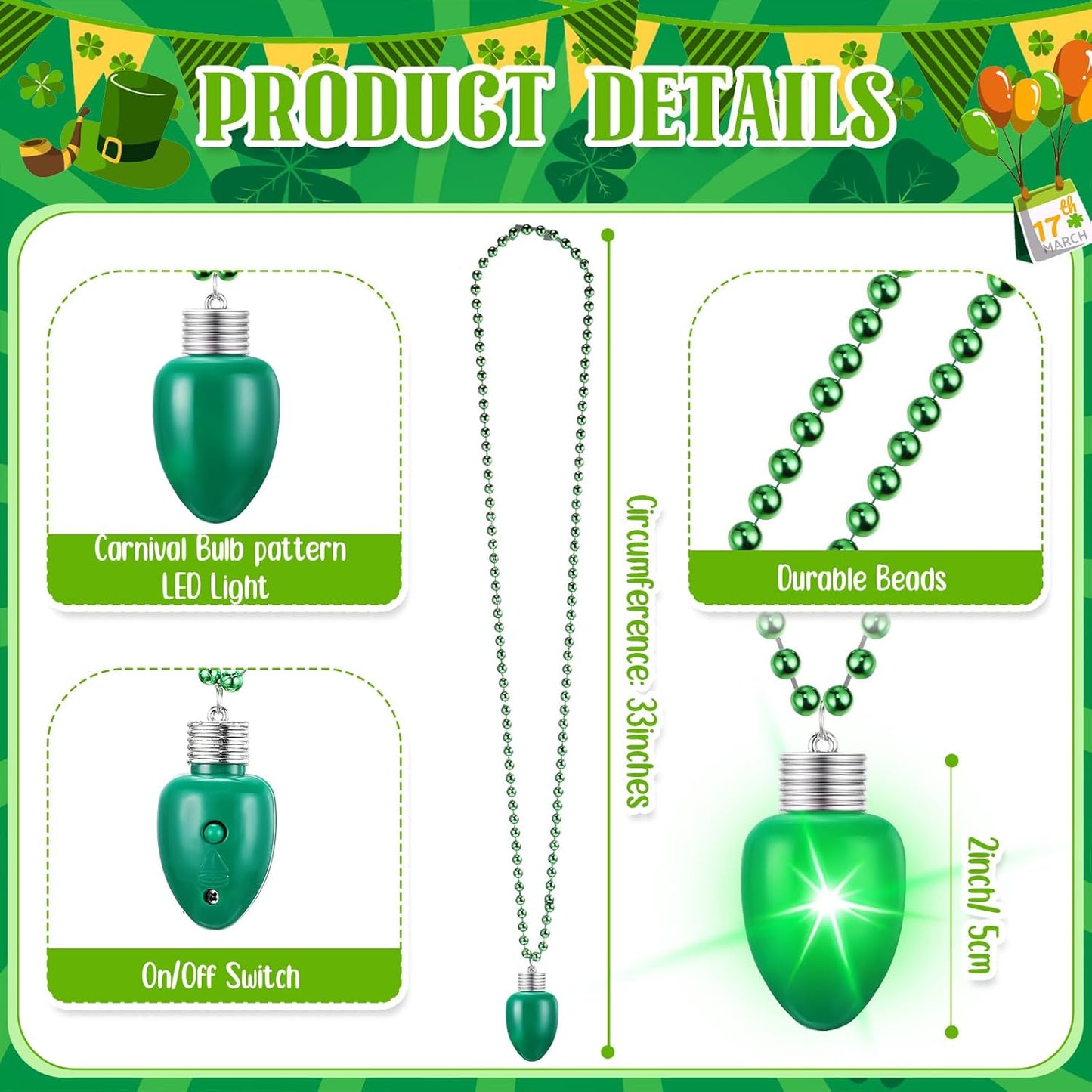 Ferreve 12 Pcs St Patricks Day Light up Beads Necklace Bulk LED Saint Patricks Day Lanyard Bulb Necklaces with 3 Light Modes Glow Tossing Beads for Irish Parade Party Favors Accessories (Green)