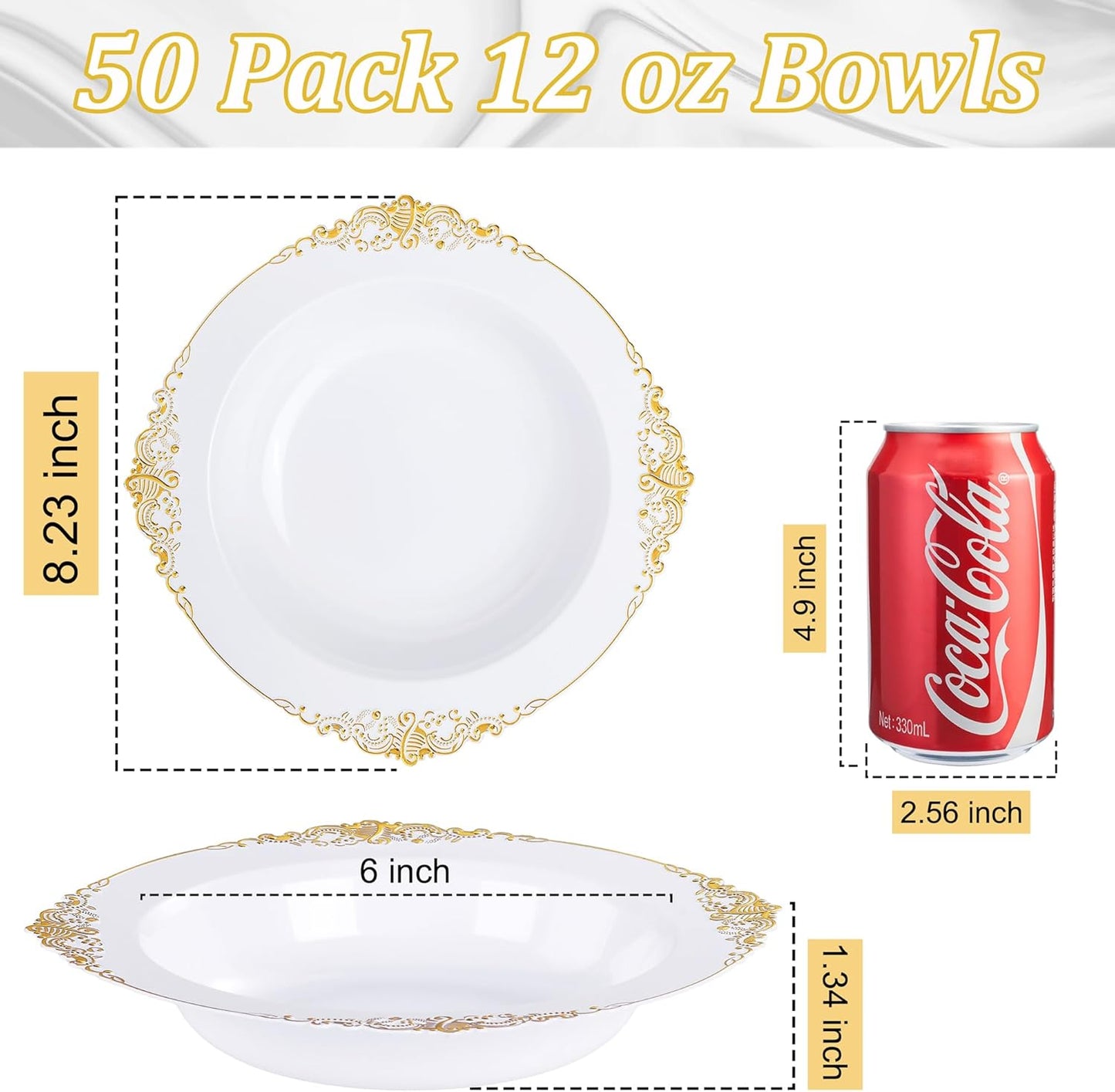 Nervure 50 Pack White Plastic Bowls with Gold Rim - 12oz Disposable Soup Bowls - Heavy Duty Dessert Bowl, Salad Bowl Perfect for Weddings, Parties, Mothers Day