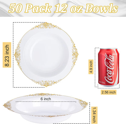 Nervure 50 Pack White Plastic Bowls with Gold Rim - 12oz Disposable Soup Bowls - Heavy Duty Dessert Bowl, Salad Bowl Perfect for Weddings, Parties, Mothers Day
