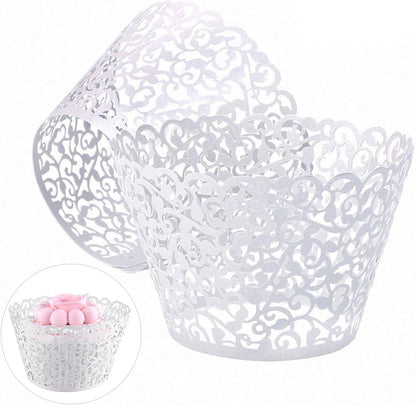 50 Pcs White Pearl Lace Laser Cut Filigree Wedding Cupcake Wrapper Baking Cake Cups Wraps Cupcake Muffin Case Trays for Special Occasions