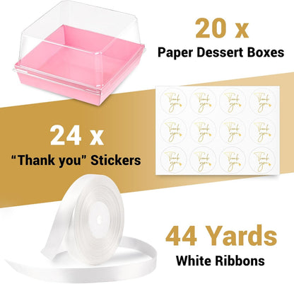 Ocmoiy 7x7x4 Inches White Paper Cake Boxes with Clear Lids for 6 Inch Cakes, 20 Pack Square Disposable Cake Bakery Take Out Containers, To Go Dessert Boxes