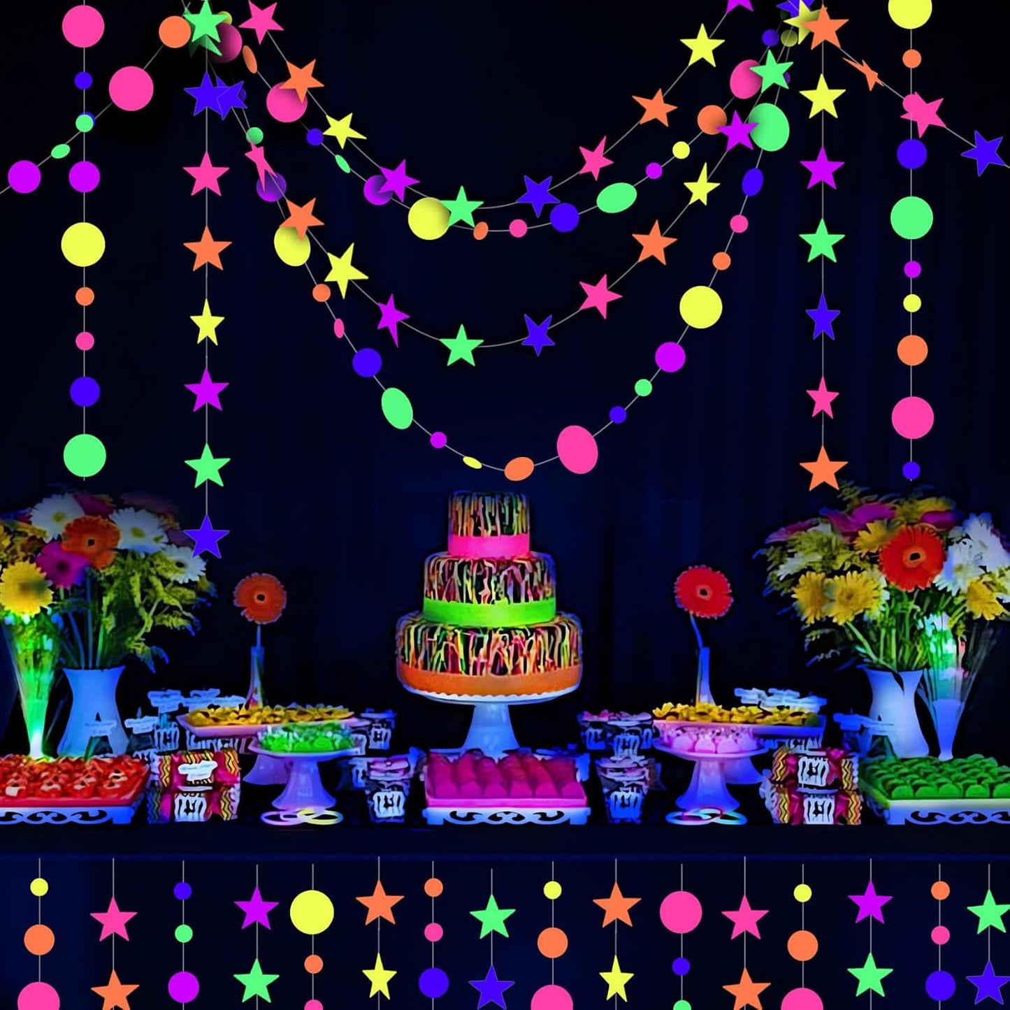 508ft UV Neon Paper Garland Crepe Streamers Glow in The Dark Party Supplies Garland Neon Party Decorations Streamers for Blacklight Reactive Fluorescent Wedding Birthday Party Decorations