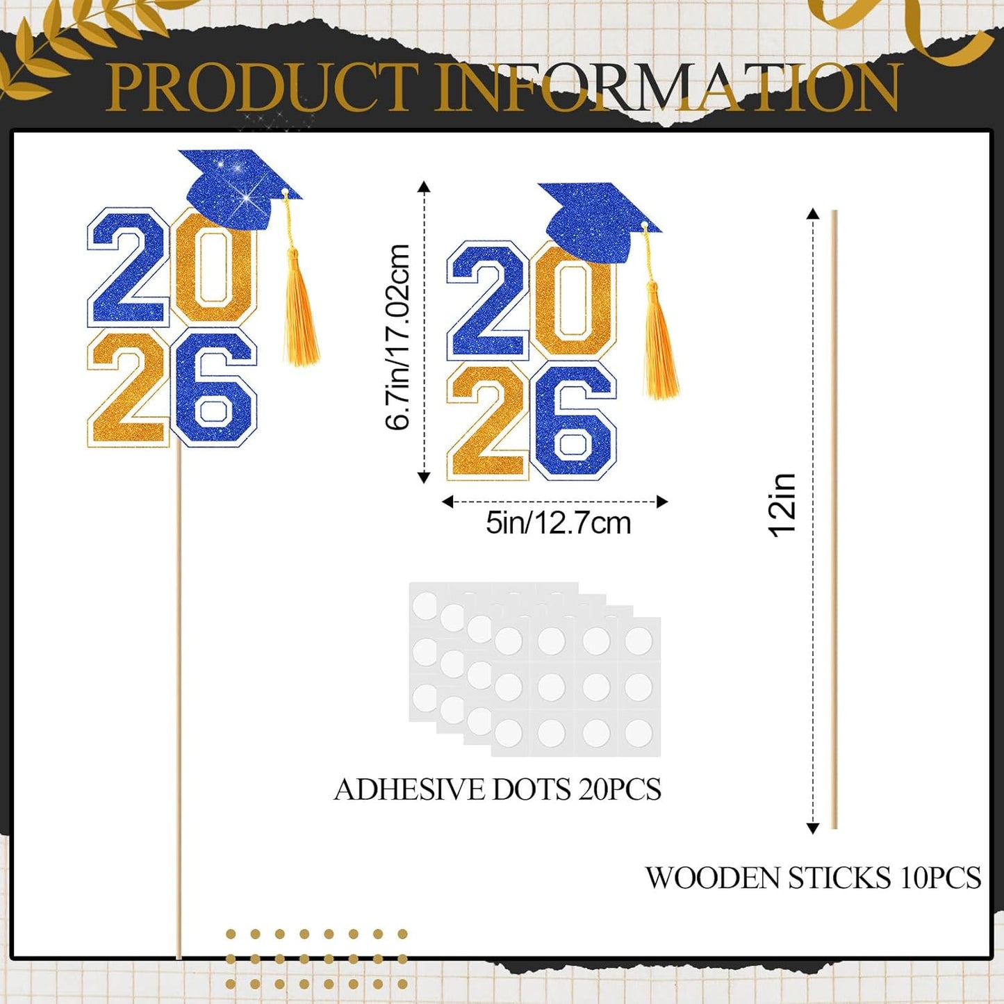 10 Pcs Graduation Table Centerpieces Sticks with Tassels, class of 2026 Grad Cap Picks Table Decoration Cupcake Toppers for Party Centerpiece Decoration Supplies(Blue and Gold)