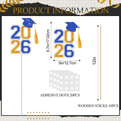 10 Pcs Graduation Table Centerpieces Sticks with Tassels, class of 2026 Grad Cap Picks Table Decoration Cupcake Toppers for Party Centerpiece Decoration Supplies(Blue and Gold)