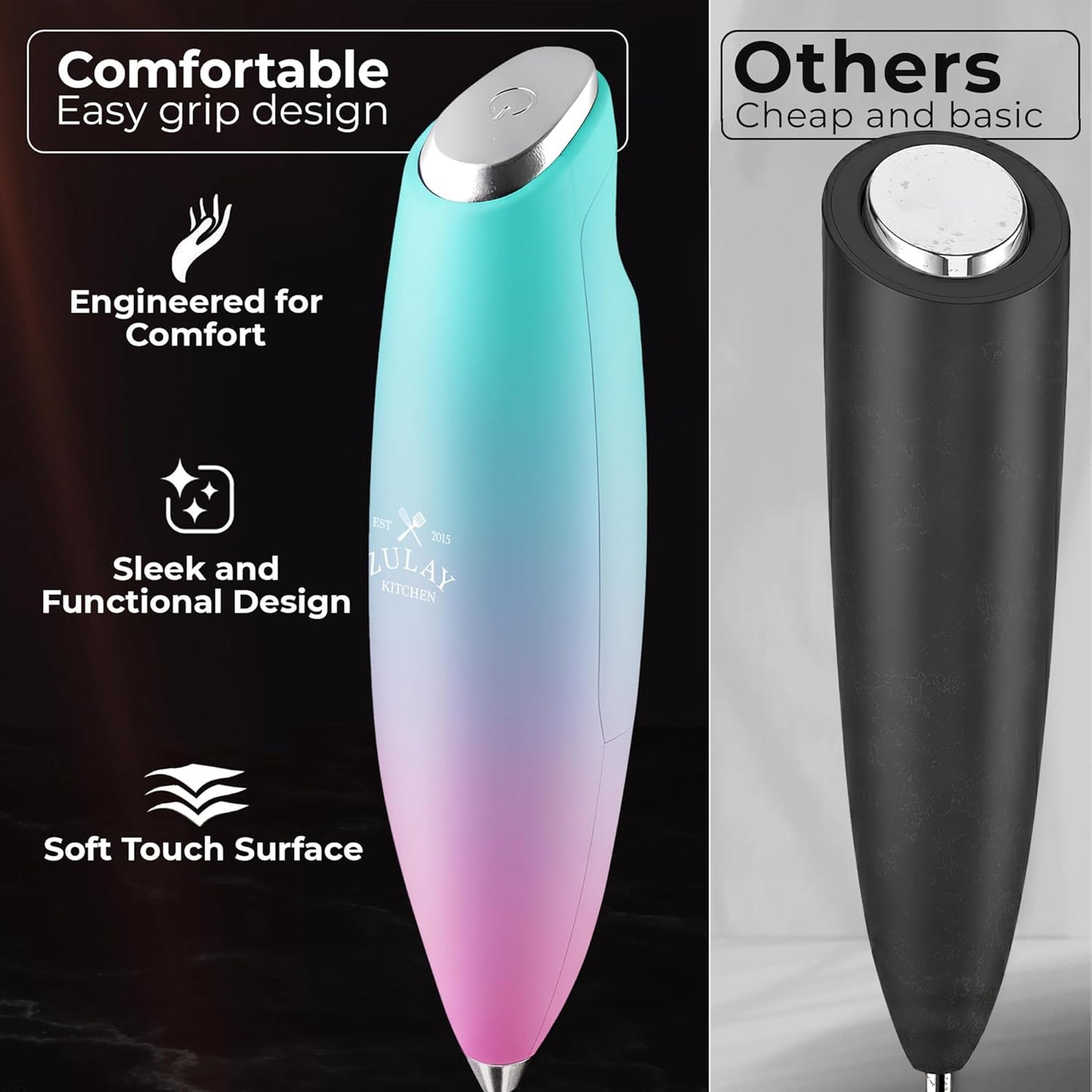 Zulay Kitchen Powerful Milk Frother Wand With Duracell Batteries - Ultra Fast Handheld Drink Mixer - Electric Whisk Foam Maker for Coffee, Lattes, Cappuccino & Matcha - Z1 Motor - Black - Colors B