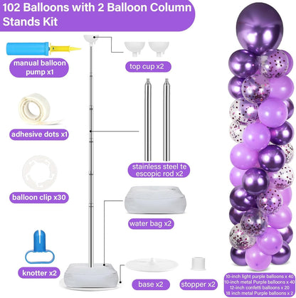 2 Set Black and Gold Balloons Column Stand Kit with 100 Balloons Adjustable Balloon Stand with Bases for Floor Black Gold Confetti Balloon Column Kit for Bridal Shower Valentine Birthday Party Decor