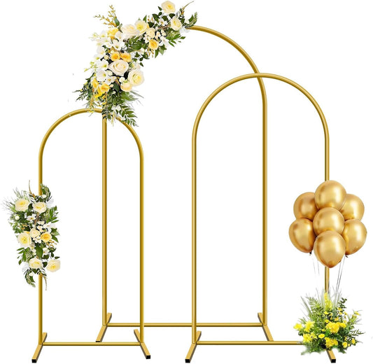 Metal Arch Backdrop Stand, Set of 3 (4ft / 5ft / 6ft) Gold Arch Backdrop with 12 Ground Nails, Stable Arched Background Stand for Wedding, Baby Shower, Birthday Party, Photography