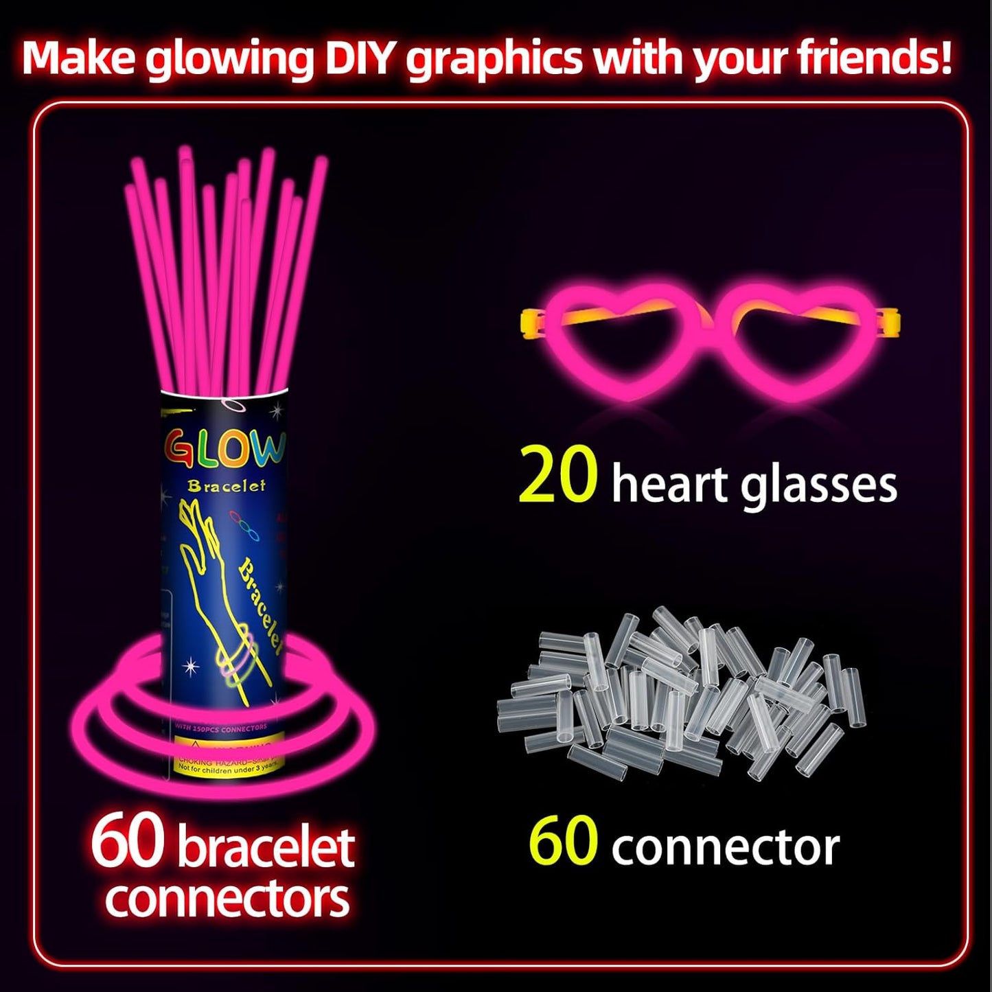 60 Pack 8” Purple Glow Sticks Bulk Bright Glow Sticks with 60 Connectors 20 Heart Glasses Glow In The Dark Party Supplies Neon Party Decorations Glow Bracelet Glasses for Carnival (Purple)