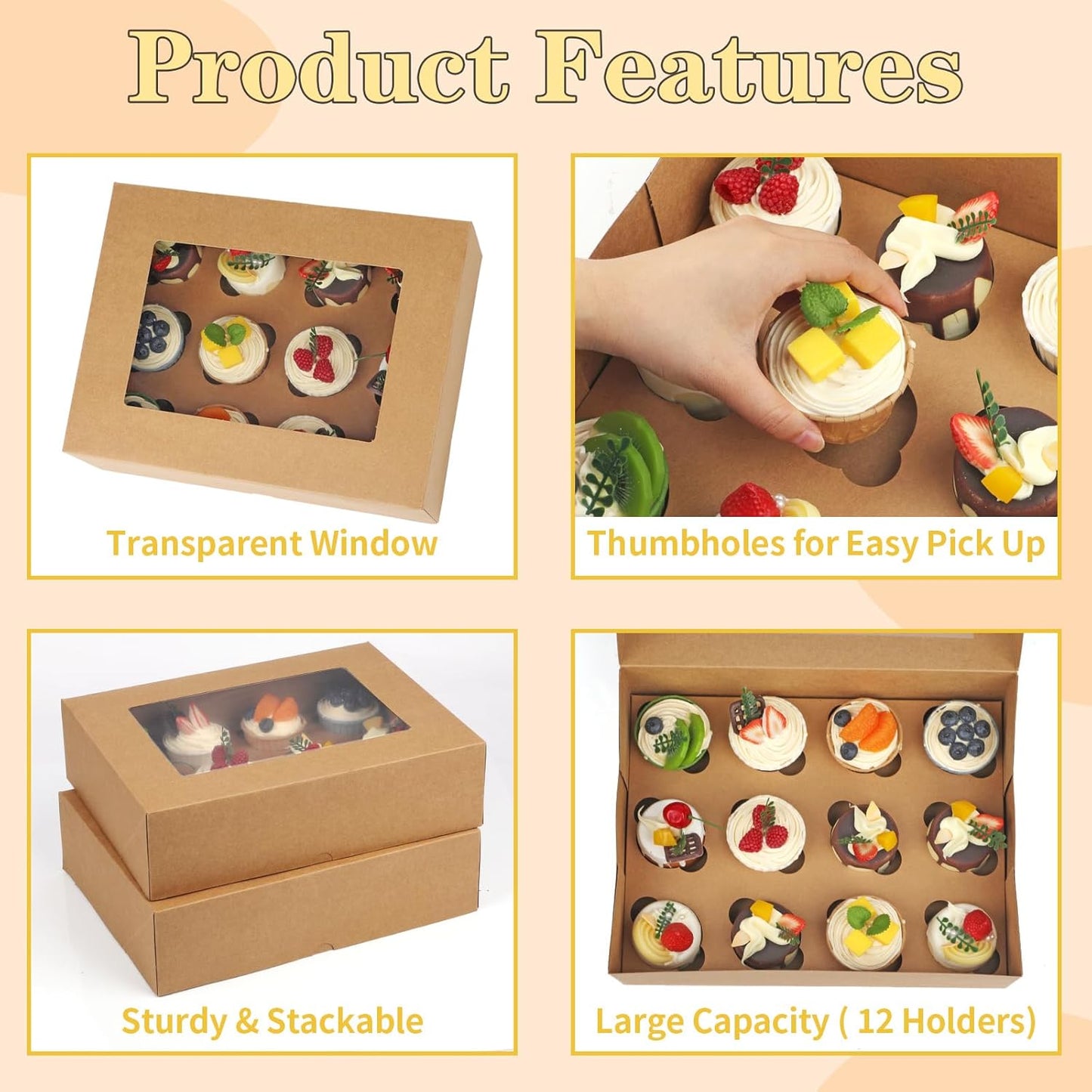 Svalor Cupcake Boxes, 6 Pack Disposable Cupcake Containers, Food Grade Cupcake Carrier 12 Count with Window and Inserts, Cupcake Transport Holders Bulk for Muffins Cookies Treats Dessert（White）